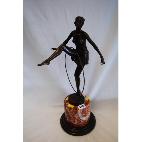 145 - REPRODUCTION ART DECO STYLE BRONZE HOOP GIRL ON MARBLE PLINTH