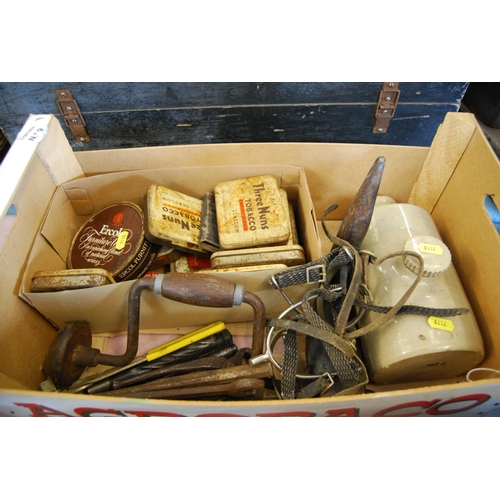 175 - QUANTITY OF VINTAGE TOBACCO TINS, STONE HOT WATER BOTTLE & TOOLS