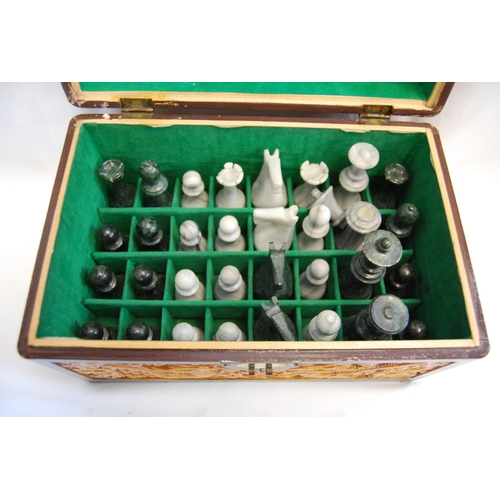 182 - MARBLE CHESS SET IN RICHLY CARVED ORIENTAL CASE (3 PEICES DAMAGED)