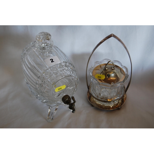 2 - CUT GLASS LIQUEUR BARREL ON STAND AND CUT GLASS PRESERVE DISH ON SILVER PLATED STAND