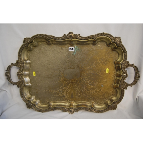 266 - RICHLY ENGRAVED AND EMBOSSED 2 HANDLED BUTLER'S TRAY WITH SHAPED RAISED RIM