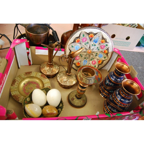 268 - QUANTITY OF EASTERN PAINTED COPPER WARE & 4 POLISHED STONE EGGS