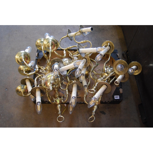 287 - SET OF 4 FIVE BRANCH BRASS WALL LIGHTS