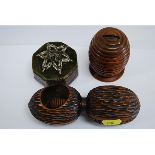 332 - SIMULATED TORTOISESHELL OCTAGONAL PIN CUSHION, CARVED WOOD NUTCRACKER IN FORM OF 2 NUTS & TREENWARE ... 