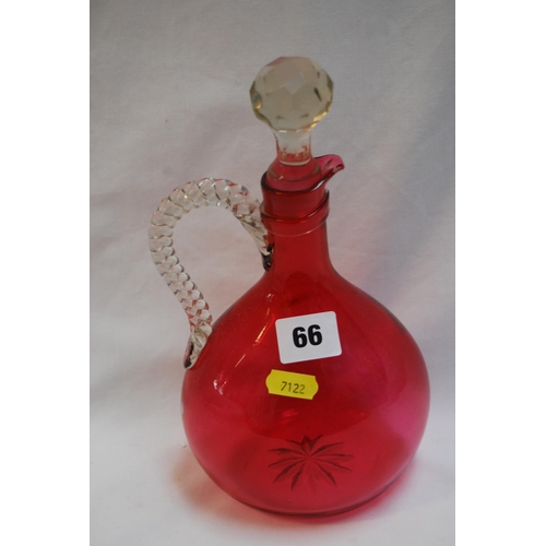 66 - 19TH CENTURY CRANBERRY GLASS CLARET DECANTER WITH ROPE TWIST HANDLE