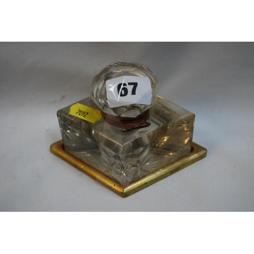 67 - 19TH CENTURY DIAMOND SHAPED BRASS BOUND CUT GLASS INK STAND WITH HINGED TOP (TOP REQUIRES FIXING TO ... 