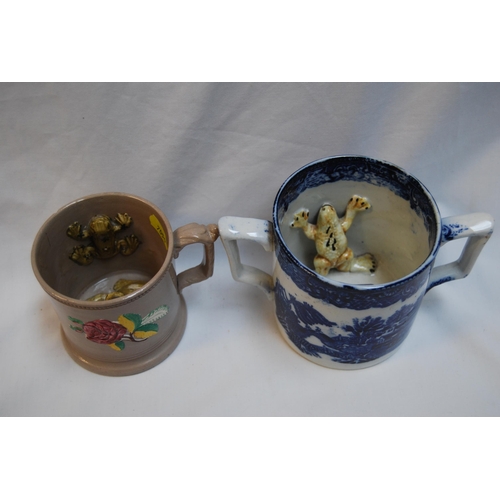 81 - 19TH CENTURY STONEWARE FROG MUG DECORATED FLOWERS WITH 3 FROGS & 19TH CENTURY TWO HANDLED FROG MUG