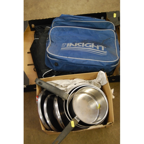 110 - SET OF SAUCEPANS, 2 BICYCLE PANNIERS & FLIGHT BAG