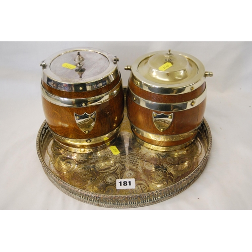 181 - 2 OAK AND SILVER PLATED BISCUIT BARRELS & GALLERIED TRAY