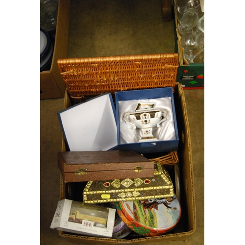 201 - BOX OF MISCELLANEOUS ITEMS INCLUDING SET OF 6 FISH KNIVES & FORKS, PORCELAIN LIDDED VASE, EFE KETTON... 