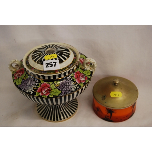 257 - TUSCAN FLORAL LIDDED POT & ORANGE GLASS PRESERVE POT DECORATED EGYPTIAN SCENES WITH METAL LID