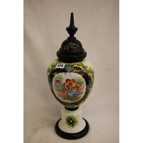 259 - HAND PAINTED VICTORIAN MILK GLASS LIDDED VASE & COVER