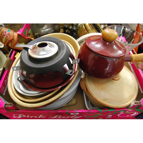 41 - SALT GLAZED STONEWARE CASSEROLE DISH, FONDUE SET, ETC