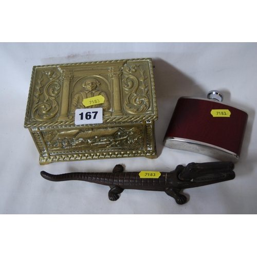 167 - HEAVY BRASS CEDAR LINED BOX EMBOSSED SHAKESPEARE & HIS HOUSE ETC, PAIR OF IRON CROCODILE NUTCRACKERS... 