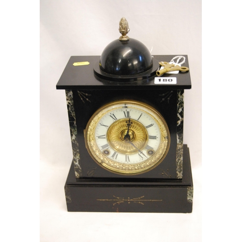 180 - VICTORIAN BLACK SLATE & MARBLE MANTLE CLOCK