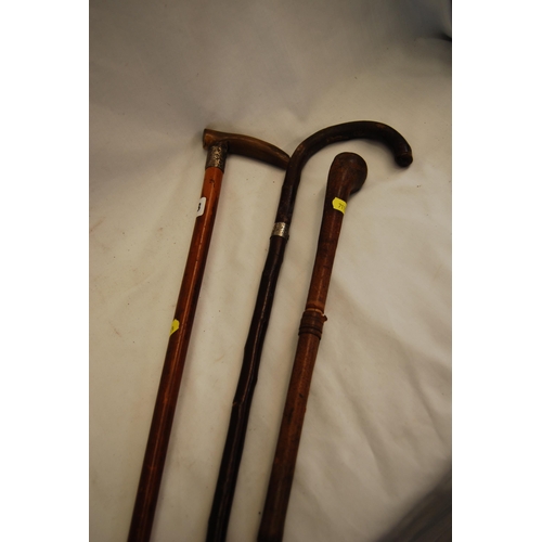 193 - LEATHER COATED WALKING STICK AND 2 SILVER BANDED WALKING STICKS