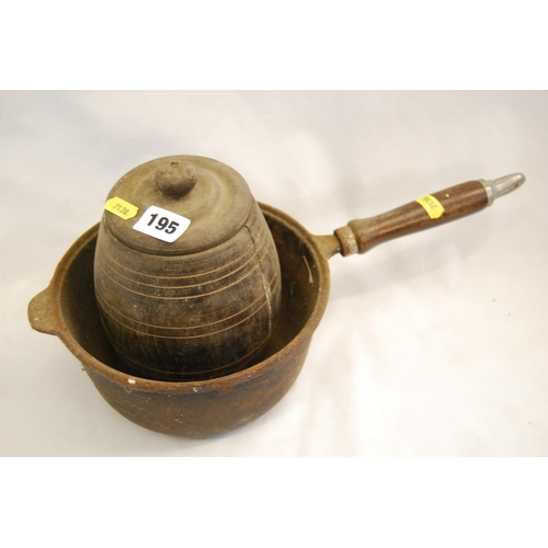 195 - TREENWARE BARREL CADDY & CAST IRON SAUCEPAN