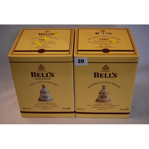 20 - TWO 70CL BELL'S EXTRA SPECIAL WHISKY DECANTERS CHRISTMAS 2003 AND CHRISTMAS 2007, BOXED & SEALED