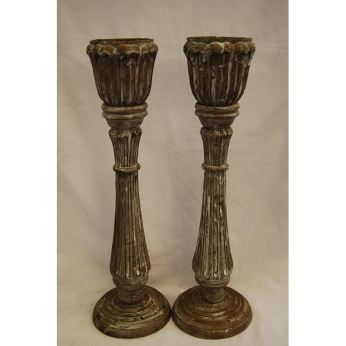 202 - PAIR OF CARVED LIMED OAK CANDLESTICKS (50CM)