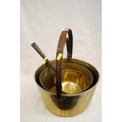 235 - TWO 19TH CENTURY BRASS PRESERVING PANS WITH IRON HANDLES & SAUCEPAN