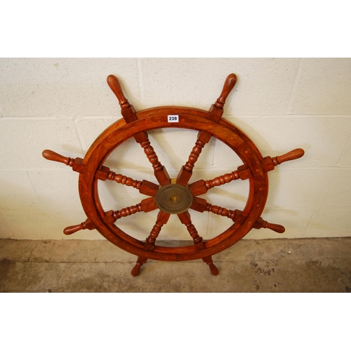 239 - REPRODUCTION WALNUT & BRASS SHIPS WHEEL