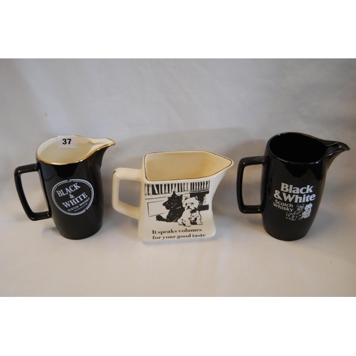 37 - 3 BLACK & WHITE WHISKY WATER JUGS