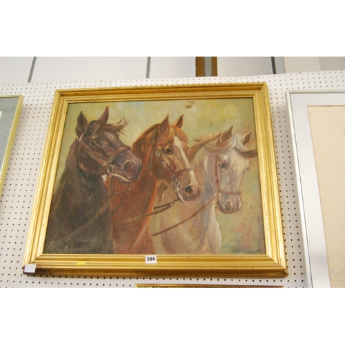 384 - OIL PAINTING OF 3 HORSES