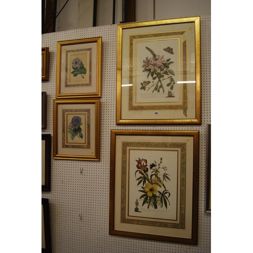 406 - PAIR OF COLOURED BOTANICAL ENGRAVINGS AND SMALL PAIR OF COLOURED BOTANICAL ENGRAVINGS IN GILT FRAMES