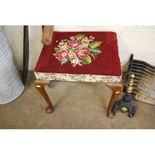 440 - RECTANGULAR DRESSING TABLE STOOL WITH TAPESTRY TOP ON CABRIOLE LEGS