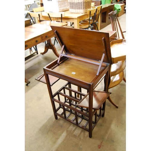 451 - EDWARDIAN MAHOGANY READING TABLE WITH LIFT UP ADJUSTABLE TOP, 2 SIDE DROP DOWN SHELVES WITH FITTED C... 