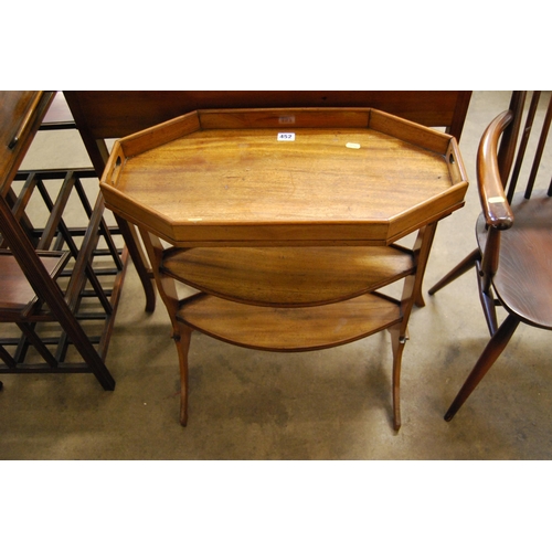 452 - OCTAGONAL TRAY TOP MAHOGANY TABLE FITTED 2 SHELF STRETCHERS