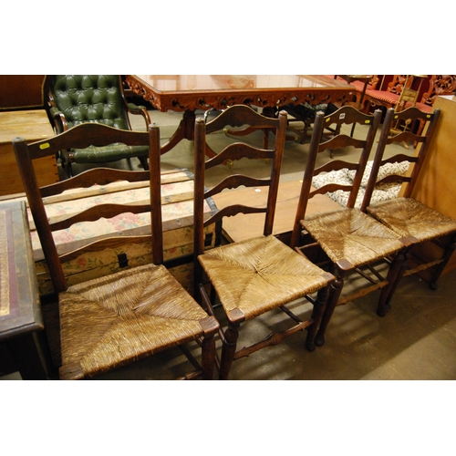 458 - SET OF FOUR 19TH CENTURY OAK LADDER BACK DINING CHAIRS WITH SEAGRASS SEATS