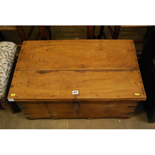 462 - HARDWOOD BLANKET CHEST WITH IRON STRAPWORK (77cm x 50cM x 36CM)