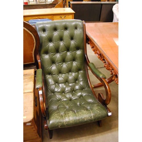 473 - REPRODUCTION MAHOGANY GREEN LEATHER BUTTON BACK LIBRARY ARMCHAIR