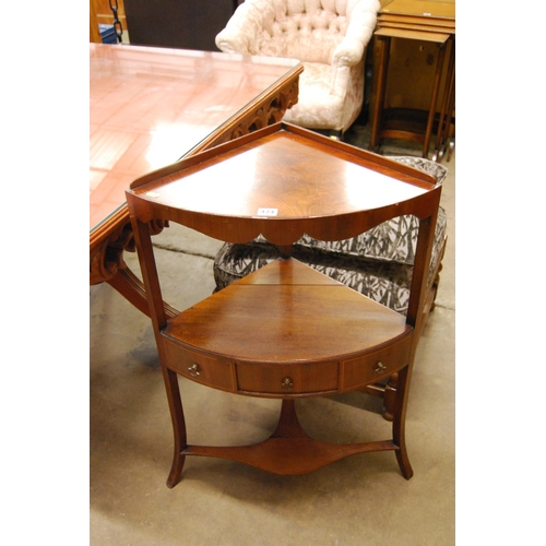 474 - GEORGIAN MAHOGANY BOW FRONTED CORNER WASHSTAND WITH SHELF FITTED DRAWER, 2 FAUX DRAWERS, GALLERY TOP