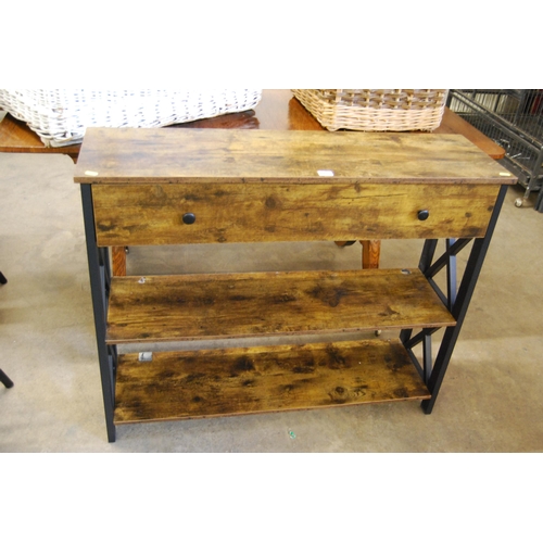 483 - MODERN DISTRESSED OAK HALL TABLE, FITTED DRAWER & 2 SHELVES