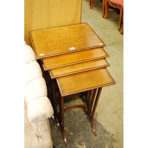 493 - NEST OF 4 19TH CENTURY MAHOGANY TABLES, ON SQUARE SUPPORTS AND SHAPED STRETCHERS