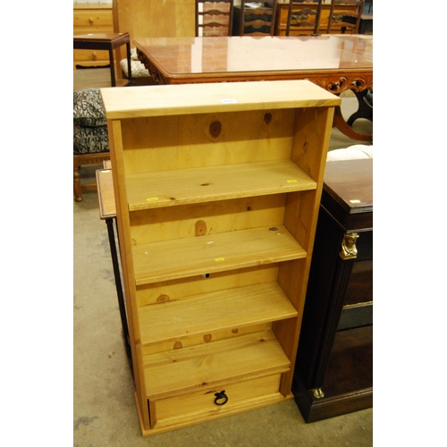 494 - PINE OPEN FRONTED BOOKCASE FITTED DRAWER