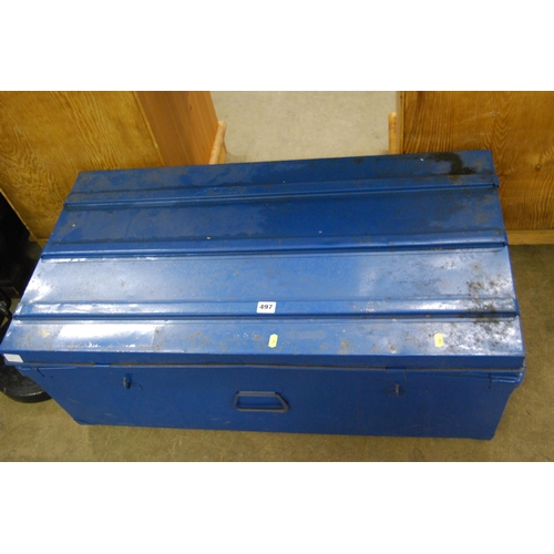 497 - BLUE PAINTED METAL TRUNK 94CM X 49CM X 38CM