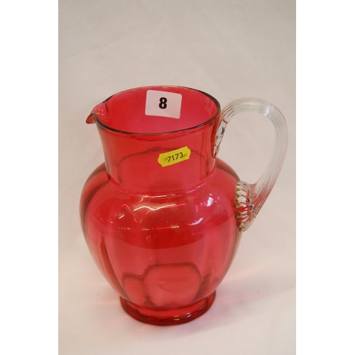 8 - VICTORIAN CRANBERRY GLASS JUG (19cm HIGH)