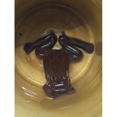 9 - TERRACOTTA BROWN GLAZED 2 HANDLED FROG MUG INSCRIBED 