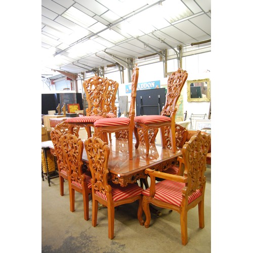 421 - RICHLY CARVED NARRA WOOD DINING TABLE AND SET OF 12 DINING CHAIRS (REQUIRE ATTENTION)