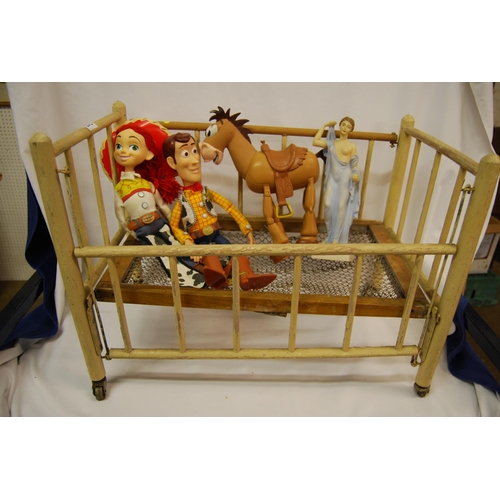 242 - VINTAGE DOLLS WOODEN COT, TOY STORY FIGURES, ETC.