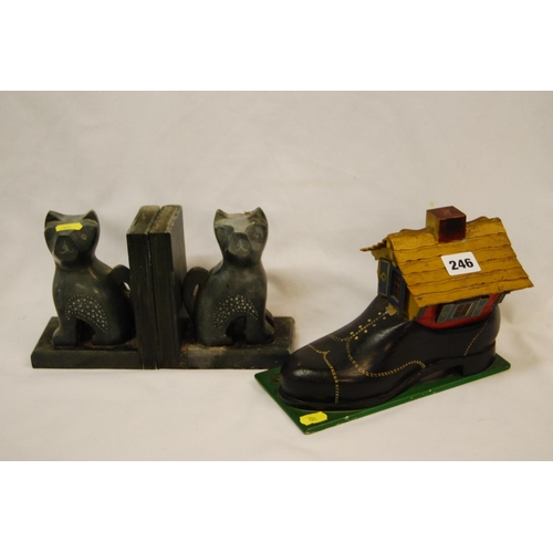 246 - REUGE SHOE HOUSE MUSICAL BOX AND PAIR OF CARVED SLATE CAT BOOKENDS