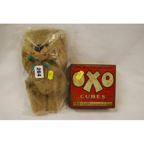 264 - SMALL TEDDY BEAR AND OLD OXO TIN