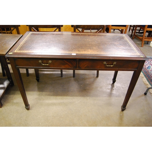 635 - MAHOGANY LIBRARY TABLE WITH TOOLED LEATHER TOP, FITTED 2 DRAWERS BY EVANS OF LONDON 122CM (W) X 62CM... 