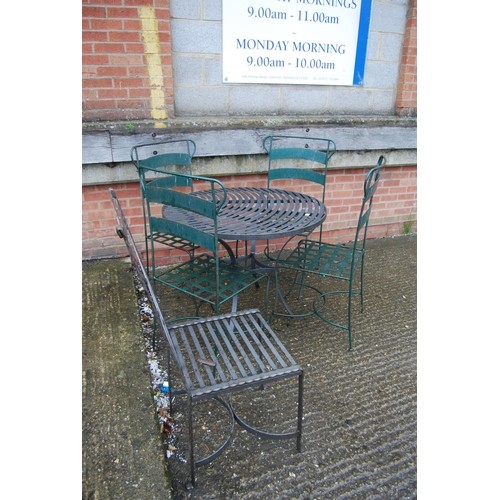 645 - CIRCULAR CUT METAL GARDEN TABLE & 4 CHAIRS & 1 METAL CHAIR