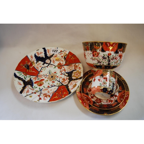 127 - COPELAND IMARI PATTERN CHINA TEACUP, SAUCER, PLATE & BASIN AND 18TH CENTURY IMARI PLATE (STITCHED)