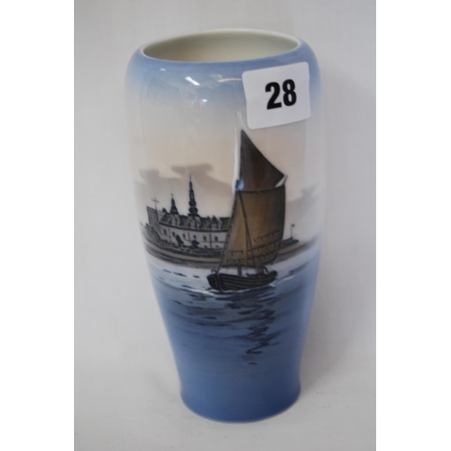 28 - ROYAL COPENHAGEN PORCELAIN VASE DECORATED SAILING BOAT & BUILDING (17CM)