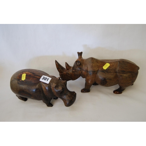 301 - TWO CARVED ROSEWOOD AFRICAN FIGURES OF RHINOCEROS & HIPPOPOTAMOUS